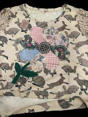 RB A RARE bird Patchwork Flower Bunny Print  - Pink, Blue, Cream